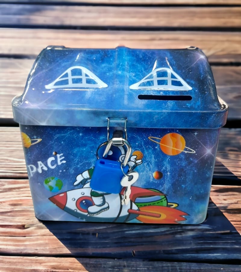 Money Saver Kids Money Bank - Gullak - Saving Bank Space Print for Boys/Girls - Kids Hut Shaped Blue Color (1 pc)